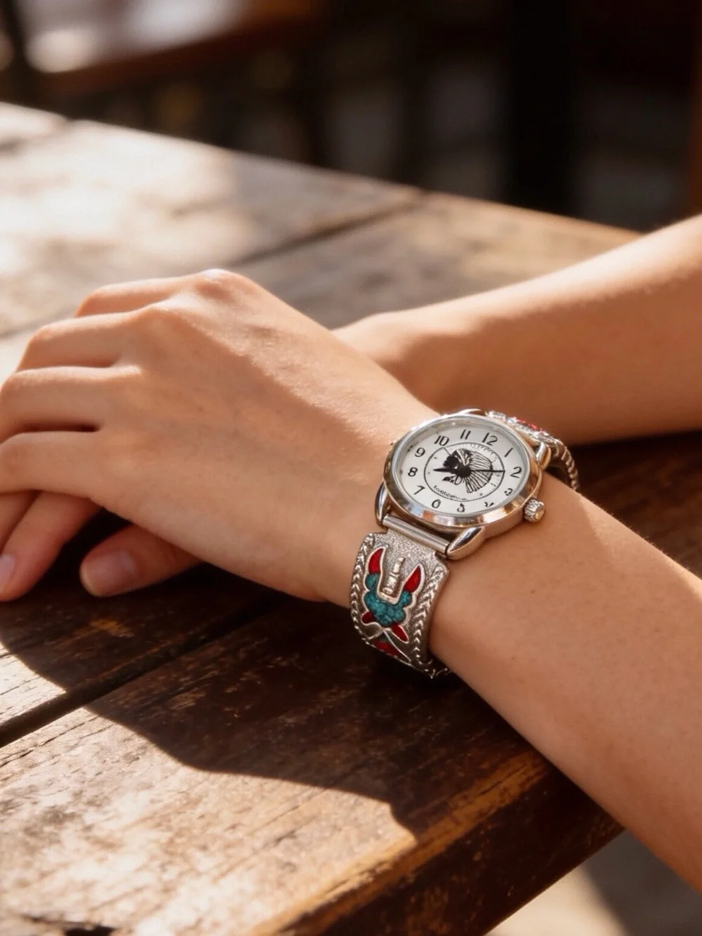 Woman’s Silver Navajo Thunderbird Turquoise/Coral Band Indian Liberty Coin Watch